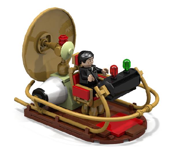A Lego man sits at the controls of a Lego time machine.