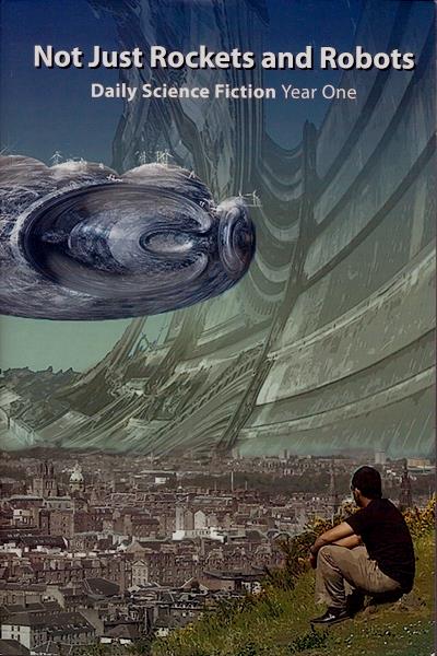 A young man sits on a hill over a city while a lander approaches in the sky with its huge mothership behind.