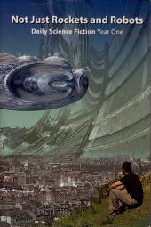 A young man sits on a hill over a city while a lander approaches in the sky
                with its huge mothership behind.