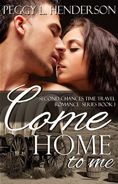 A man and a woman lean in for a kiss above an image of a covered wagon in a desolate landscape. On the cover of Come Home for Me.