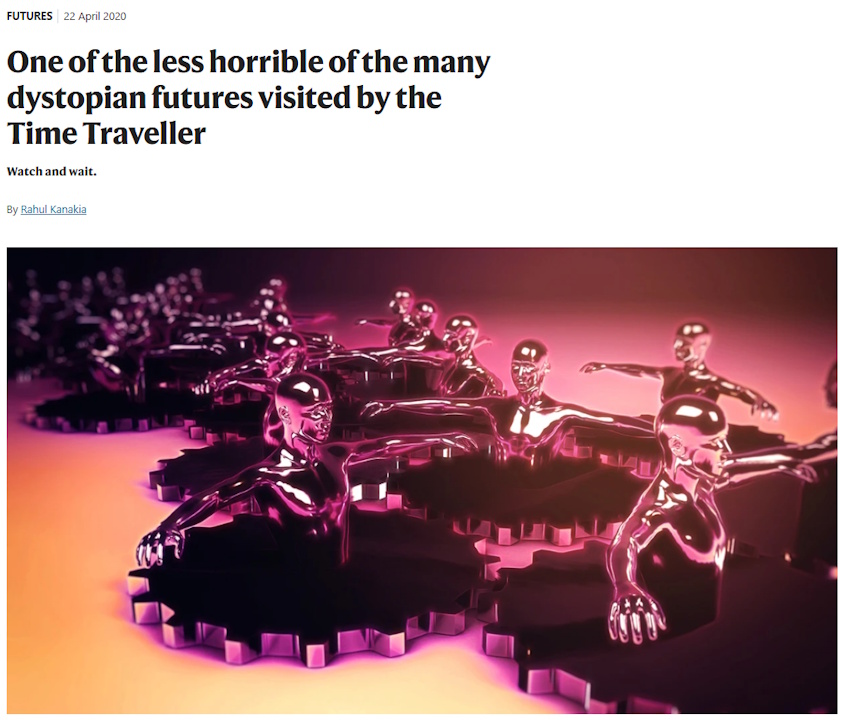 Identical human torsos emerge from an arrangement of glowing purple cogs.
