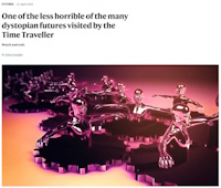 Identical human torsos emerge from an arrangement of glowing purple cogs.