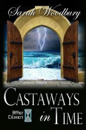 Two open doors in an archway with a breaking wave and lightning beyond.