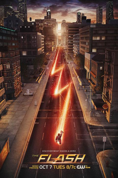 The Flash, in his red costume, zig-zags through an empty city street, leaving a yellow electric bolt behind him.