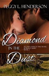 A gruff cowboy pulls a brunette woman in for a kiss over an image of a wooden
                cart on a dilapidated farm. On the cover of Diamond in the Dust.