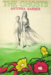 Diaphanous black-and-white drawings of a young boy and girl walk toward a green
                field with red and yellow flowers.