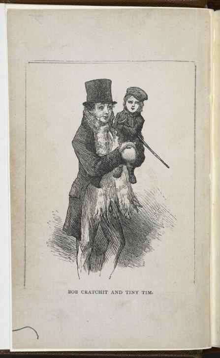 In a top hat and scarf, Bob Cratchit holds Tiny Tim, who holds his own tiny walking cane.
