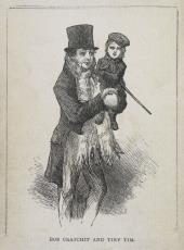 In a top hat and scarf, Bob Cratchit holds Tiny Tim, who holds his own tiny
                walking cane.