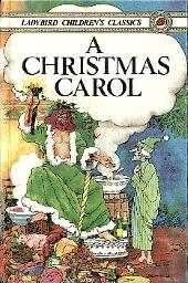 Dressed in green and holding a torch high, the ghost of Christmas-yet-to-come
                beseeches a cowering Scrooge in his nightshirt and nightcap.