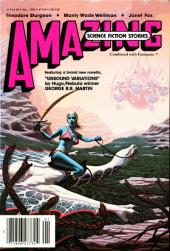 A blue-skinned, bikini-clad, sword-wielding woman flies over a forest on the
                neck of a dragon.