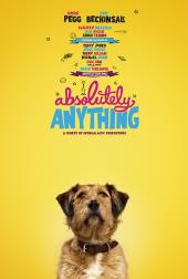 A brown mutt on a yellow background stares up at the logo for Absolutely
                Anything.