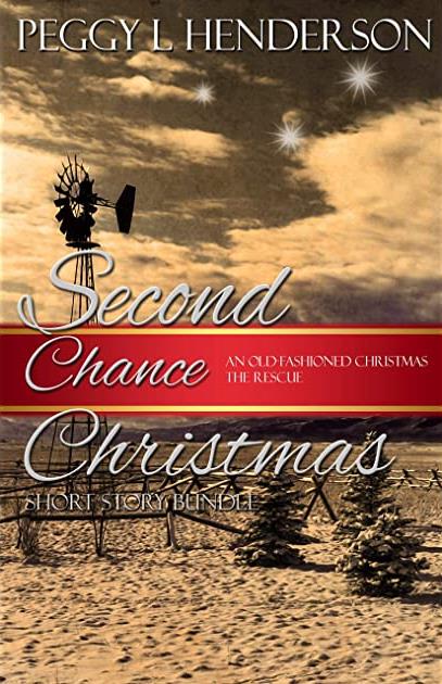 An old windmill on a desolate landscape with two conifers and three stars in the sky. On the cover of the Second Chance Christmas collection.