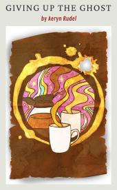 Yellow steam rises from two coffee cups into an abstract outer space design and
                brown background.