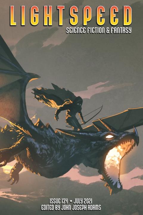 A cloaked person, dressed in all-black with a billowing cape, stands atop a roaring dragon in flight.