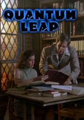 Teri Hatcher (as Donna Elesee) and Scott Bakula (as Sam Beckett) study a book
                together at a library table.