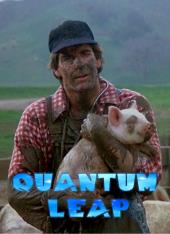 Covered in mud in a pig sty, an exasperated Scott Bakula (as Sam Beckett) holds
                up a piglet.
