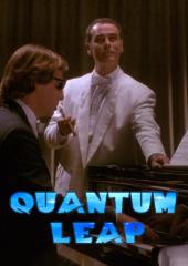 In a tux and sunglasses, Scott Bakula (as Sam Beckett) sits at a concert piano
                while Dean Stockton (as Al) holds his sheet music.
