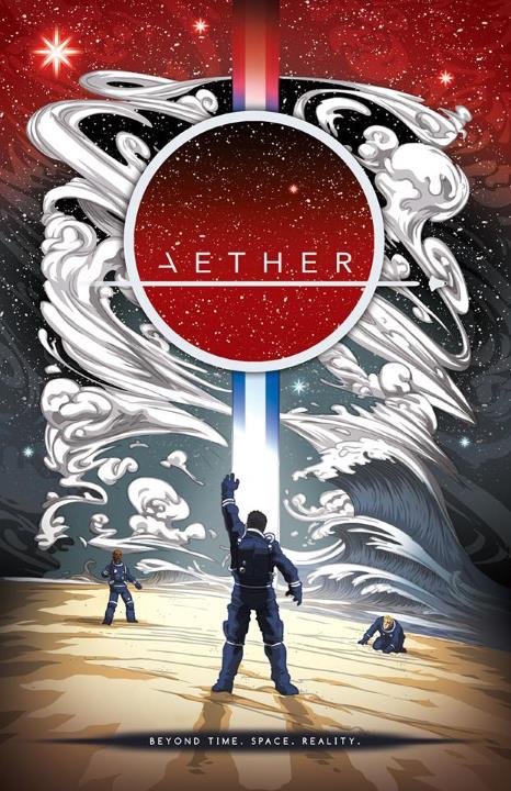 Drawing of three astronauts with an abstract background of clouds, outspace, and the word "Aether" in a red, star-filled circle.