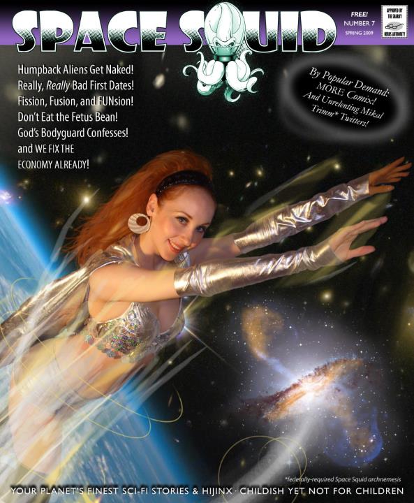 A redheaded woman, dressed in an aluminum cape, gloves, and bikini, flies above a blue planet.