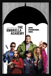 The six living siblings of the Umbrella Academy gather in colorful garb under a
                black umbrella held by Luthor.