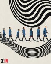 All seven siblings of the Umbrella Academy walk in a straight line in their
                blue uniforms over a background of 1960s psychedelic black lines.