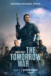 As a purple wormhole opens in the sky, Chris Pratt (as Dan Forester) holds his
                machine gun high, standing defiantly at the lead position of three others.