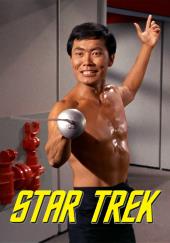 A bare-chested George Takei (as Sulu) strikes a fencing position with a silver
              foil in a corridor of the Enterprise.