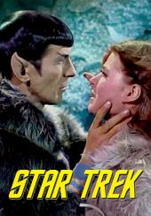 In an icy cave, Leonard Nimoy (as Spock) places his hands on Mariette Harley
                (as Zarabeth) for a Vulcan mind meld.