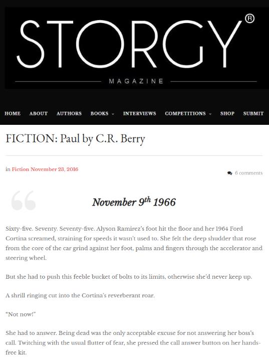 A black-and-white banner of the Storgy magazine title above a story by C R Berry.