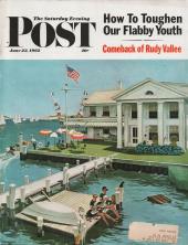 A white two-story hotel with a columned porch, built out on a pier surrounded
                by boats and two maids dangling their feet off the pier.