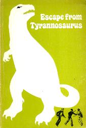 Over a green background, the white silhouette of a T-rex approaches two
                teenagers.