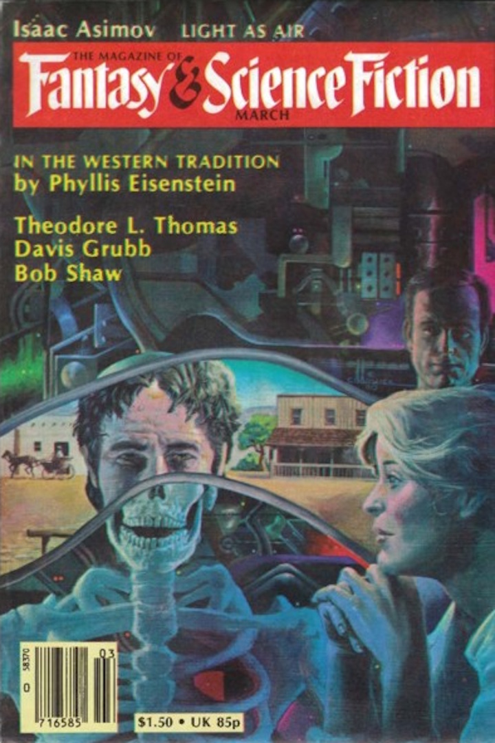 A young woman gazes through a portal to the Old West with an x-ray and a scientific contraption showing around the edges.