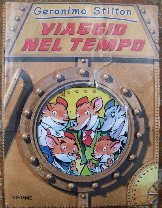 Geronimo Stilton and his mouse family peer out the porthole of the Mousemover 3000.