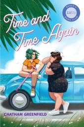 Drawing of an overweight teenage girl leaning on a car and talking to a
                green-haired teenager who sits on the hood.