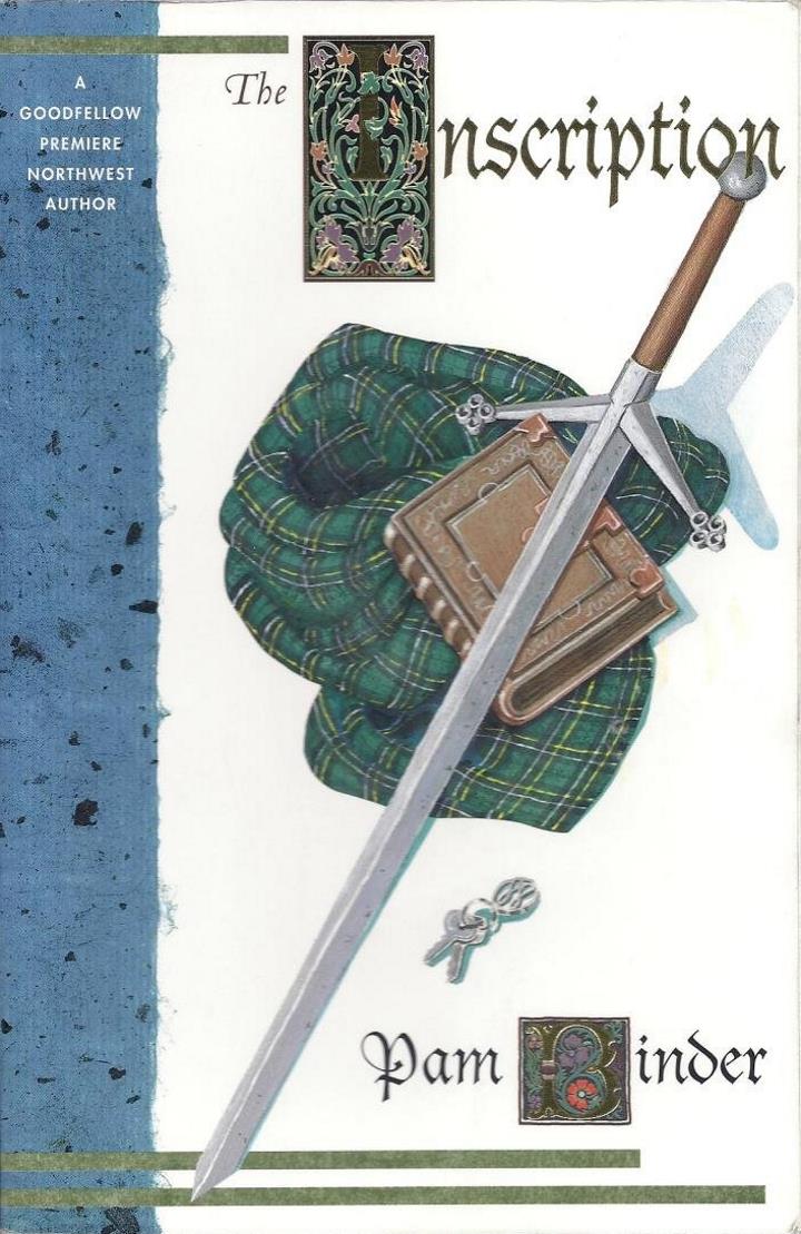 The cover of The Inscription shows a Scottish tartan, an old book, a long sword, and a keyring.