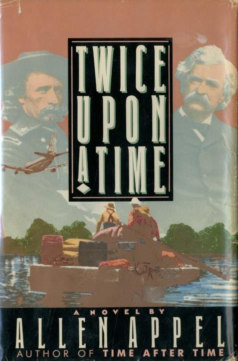 A raft floats down a wide river underneath an airplane, General Custer, and Mark Twain.