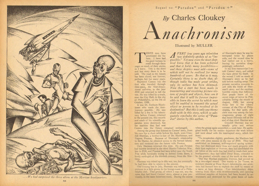 With a sleek rocketship in the background, a human in a futuristic jumpsuit holds a blaster on a big-skulled alien.