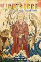 An old woman in I red robe stands among waves and flying fish.
