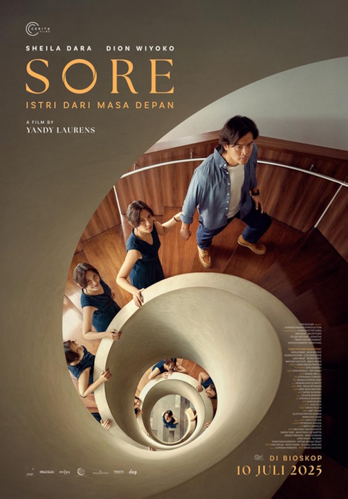 Dion Wiyoko (as Jonathan) leads multiple versions of Sheila Dara Aisha (as Sore-ee) up a spiral staircase.