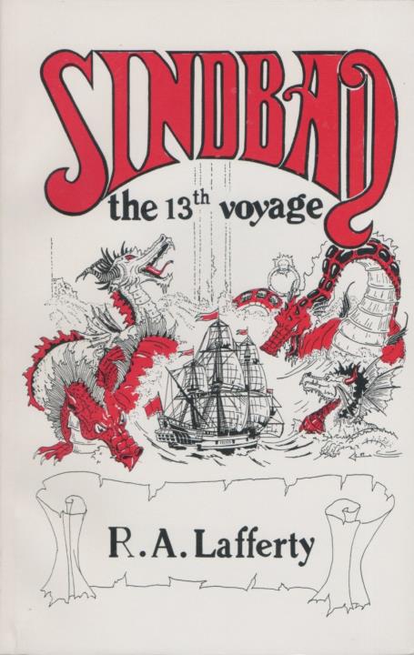 In pen-and-ink drawing with red highlights, three sea serpents attack a sailing ship.