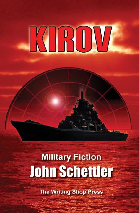 Bathed in red light, a battlecruiser sails on a calm sea with a radar screen and blip in the sky.