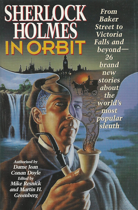 A Sherlock Holmes robot smokes his iconic pipe with a waterfall in the background and London in the pipe's smoke.