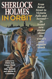 A Sherlock Holmes robot smokes his iconic pipe with a waterfall in the
                background and London in the pipe