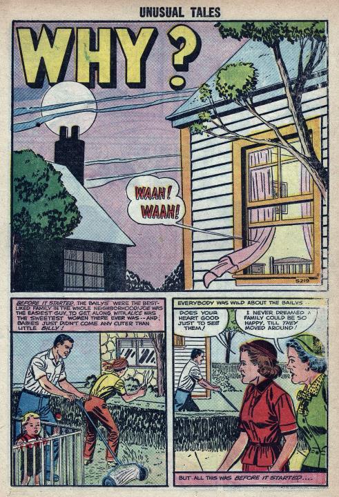 In the large first panel, a baby wails at night from within a second-storey bedroom in a suburban home.
