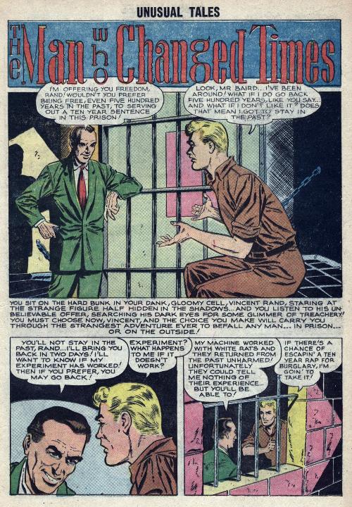 In three panels, a man in a green suit makes a proposal to a prisoner about travel to the past.