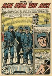 In the large first panel, three military men stand around an ice hole
                discussing a frozen man in the ice.