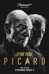 Black-and-white photo of old Patrick Steward (as Jean-Luc Picard) standing in
                from of old John de Lancie (as Q).