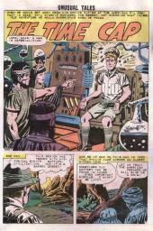 In the first of three panels, a modern man sits in a chair with his cap
                attached to electrical equipment as an ancient woman and two men look on.
