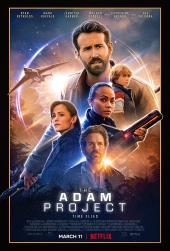 Ryan Reynolds and Walker Scobell (as the two Adams) pose in superimposed
                pictures along with three other cast members of The Adam Project and a timejet.
