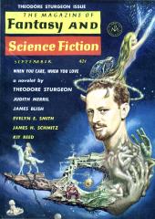 Illustration of a naked woman coming out of Theodore Sturgeon’s head, which
                rests on a  hodgepodge of science fiction and fantasy images.